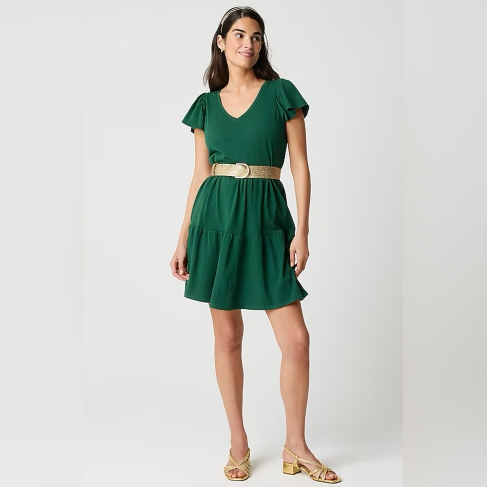 J Crew NWT Cotton 3 Tier Green V-Neck Dress, Med
